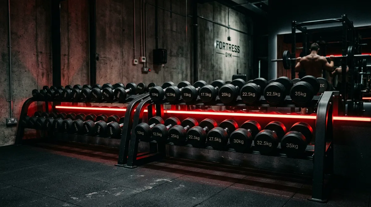 Zona de pesas libres con mancuernas profesionales